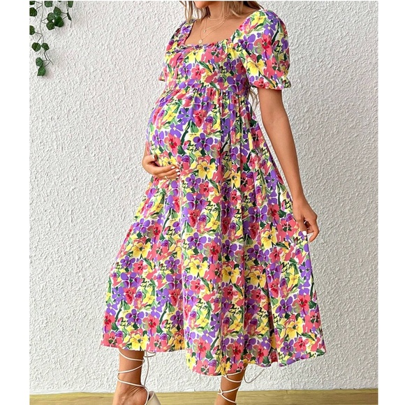 Boho Floral Print Shirred Puff Sleeve Dress - Picture 1 of 5